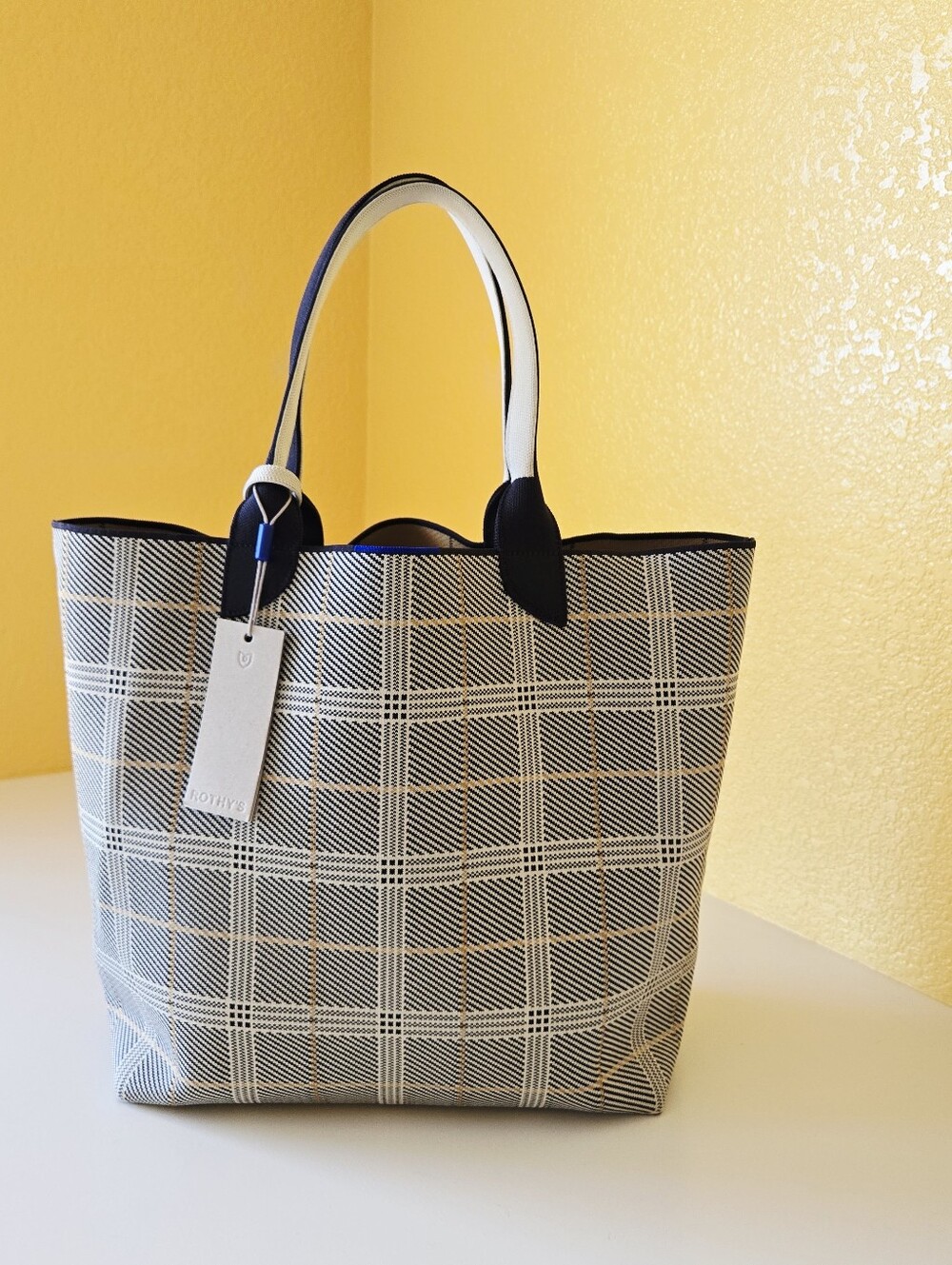 Rothy's The Lightweight Tote Bag In Glen Plaid Black Grey Yellow Tan Reversible - Picture 2 of 16